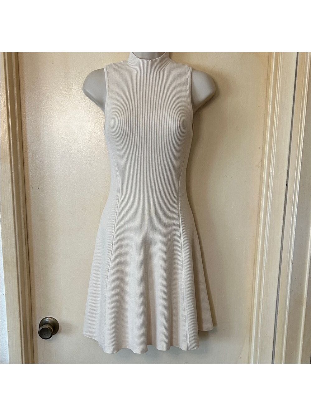 Ever B Sleeveless Ribbed Fit-and-Flare Mini Dress in Cream size M